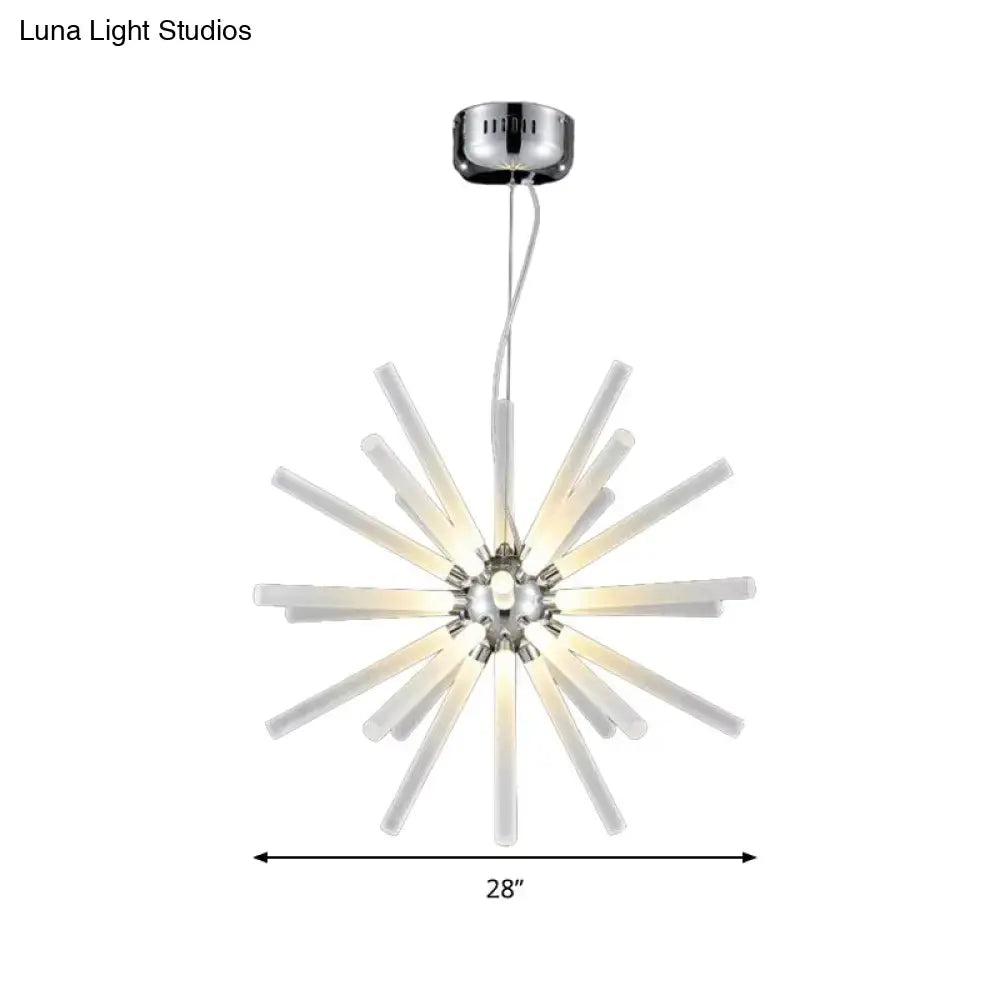 DecorBites modern crystal LED starburst chandelier pendant light with chrome metal arms and clear hanging ceiling rods