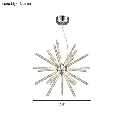 Chrome-finished decorbites™ modern crystal led starburst chandelier pendant with clear hanging ceiling fixture rods
