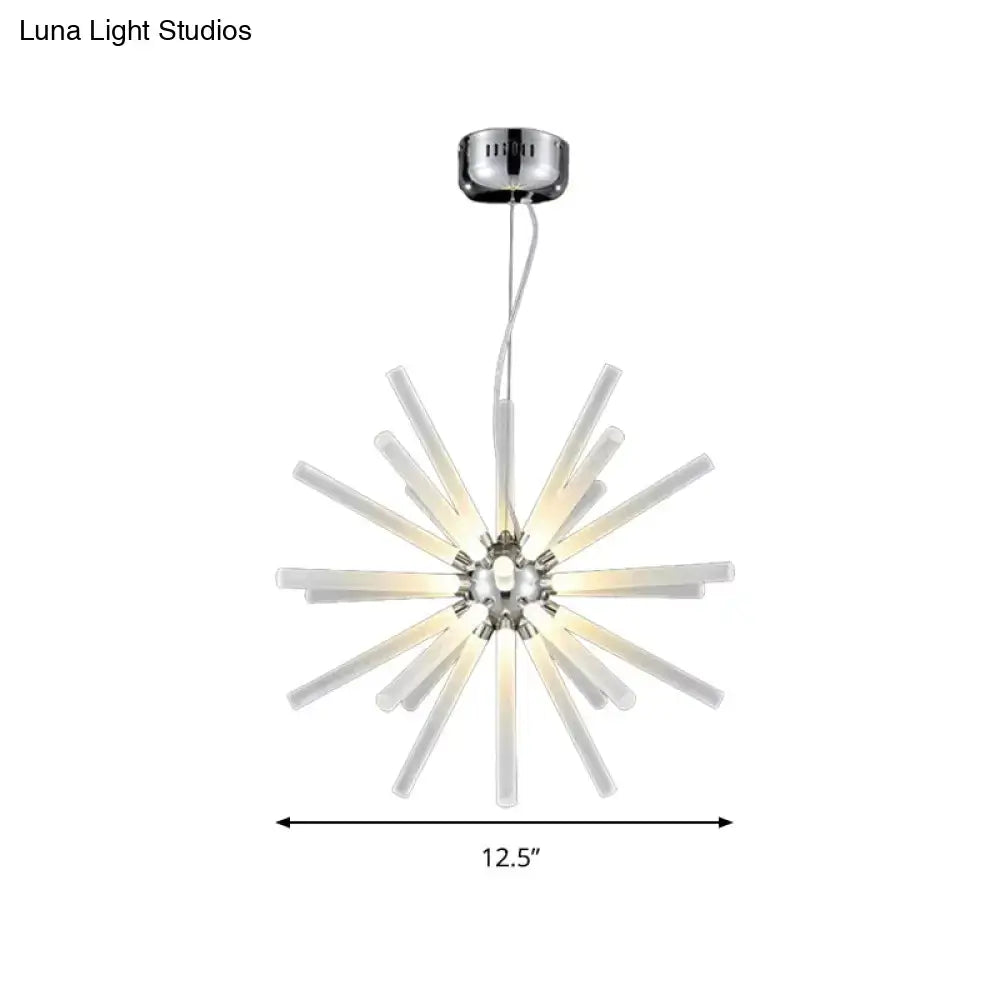 Modern chrome-finished decorbites starburst chandelier pendant with translucent white glass rods for clear hanging ceiling use