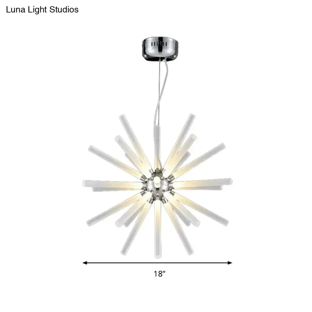 Modern chrome-finished decorbites starburst chandelier pendant with translucent white glass arms and clear hanging ceiling design