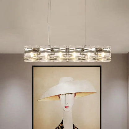 Modern silver crystal tube island light with a sleek metal frame and multiple embedded lights for dining rooms
