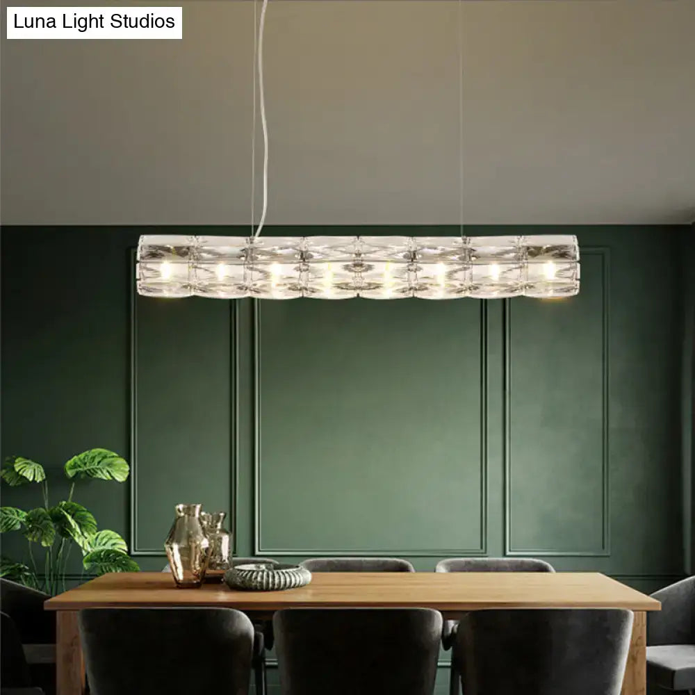 Modern silver crystal tube island light with clear faceted crystals and integrated led bulbs for dining room use