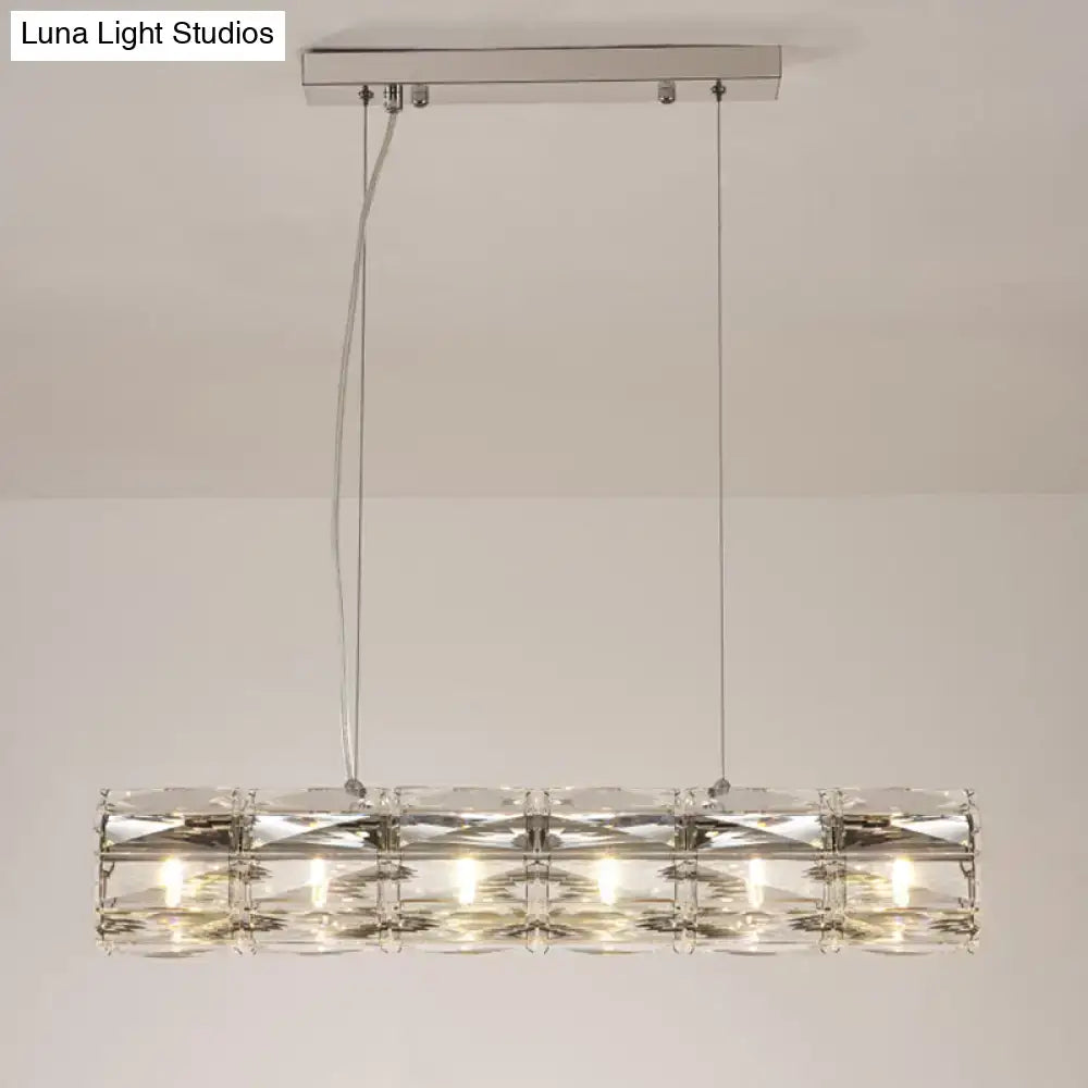 Modern silver crystal tube island light pendant with sleek chrome finish and clear crystal accents for dining room chandelier