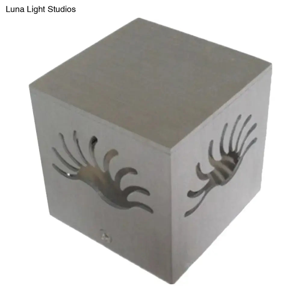 Modern silver cube led wall sconce with intricate handprint cutouts and bulb included for corridor lighting