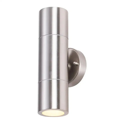 Modern silver cylindrical stainless steel wall sconce with dual lighting for minimalist outdoor use