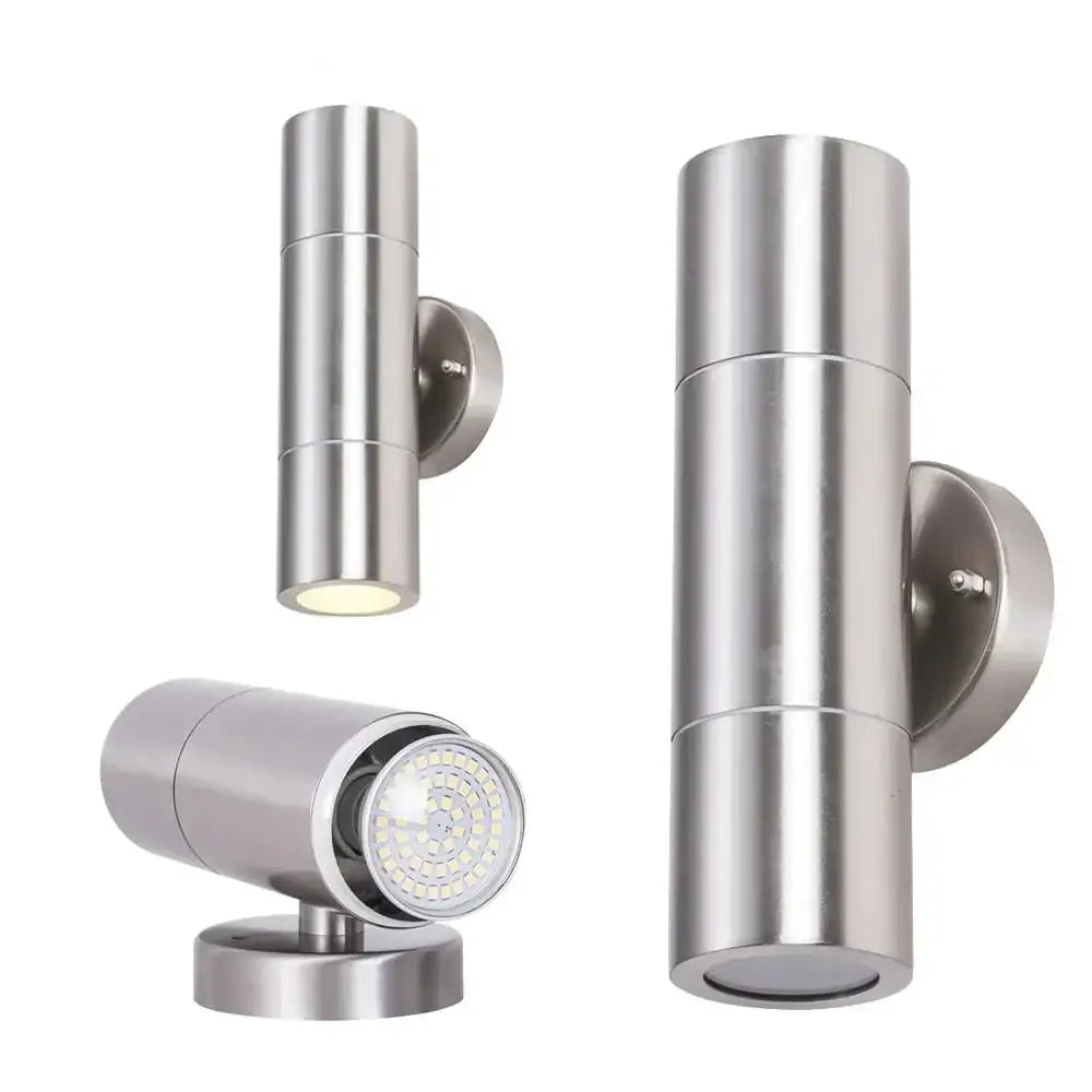 Modern silver cylindrical wall sconces outdoor minimalist light with stainless steel dual-head led spotlights and visible led array