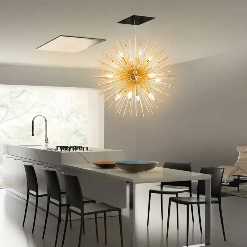 Modern silver dandelion sea urchin chandelier with slender metallic arms radiating from central hub for dining room decorbites dandelion sea
