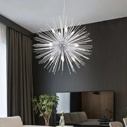 Modern silver dandelion sea urchin chandelier with metallic finish and slender arms for dining room decorbites dandelion sea