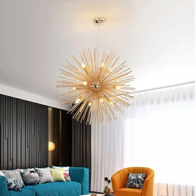 Modern silver dandelion sea urchin chandelier with slender metallic arms and warm glowing bulbs for dining room decorbites dandelion sea