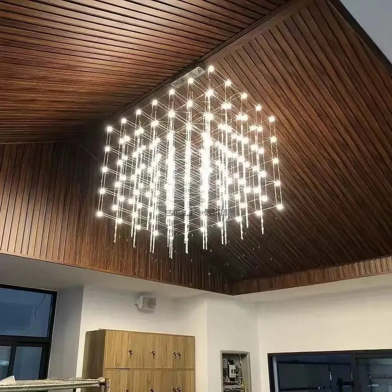Modern silver decorbites cosmos chandelier with geometric metallic rods and bright white led lights for dining room use