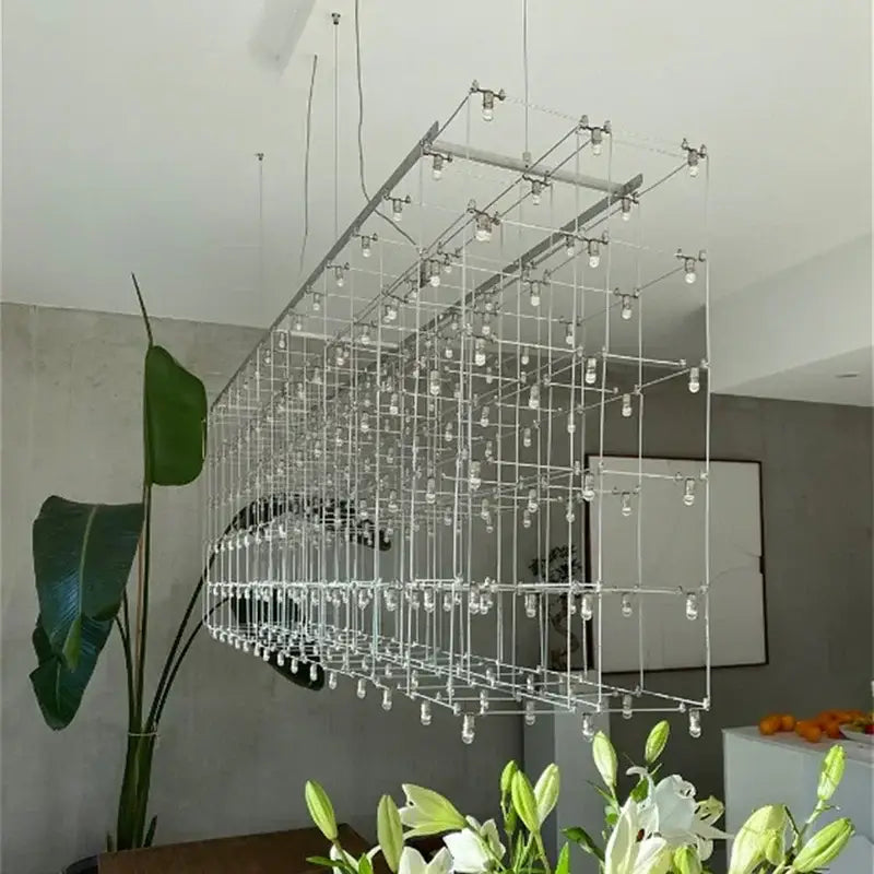 Modern silver decorbites cosmos chandelier with geometric grid and crystal pendants for dining room lighting