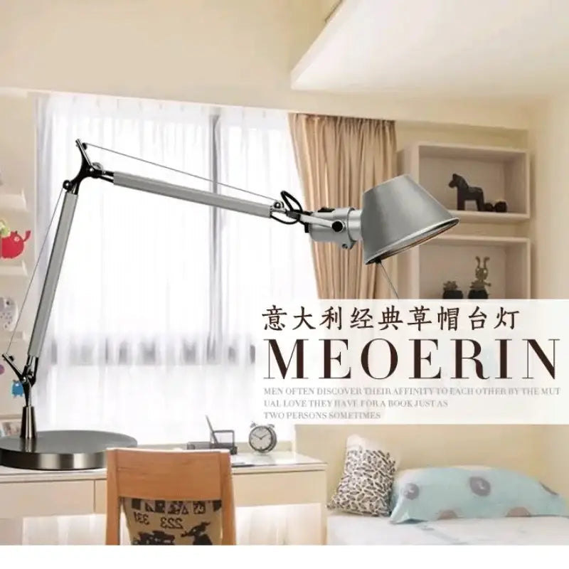 Modern silver double arm clip table lamp with adjustable articulated arm for bedroom desk lighting