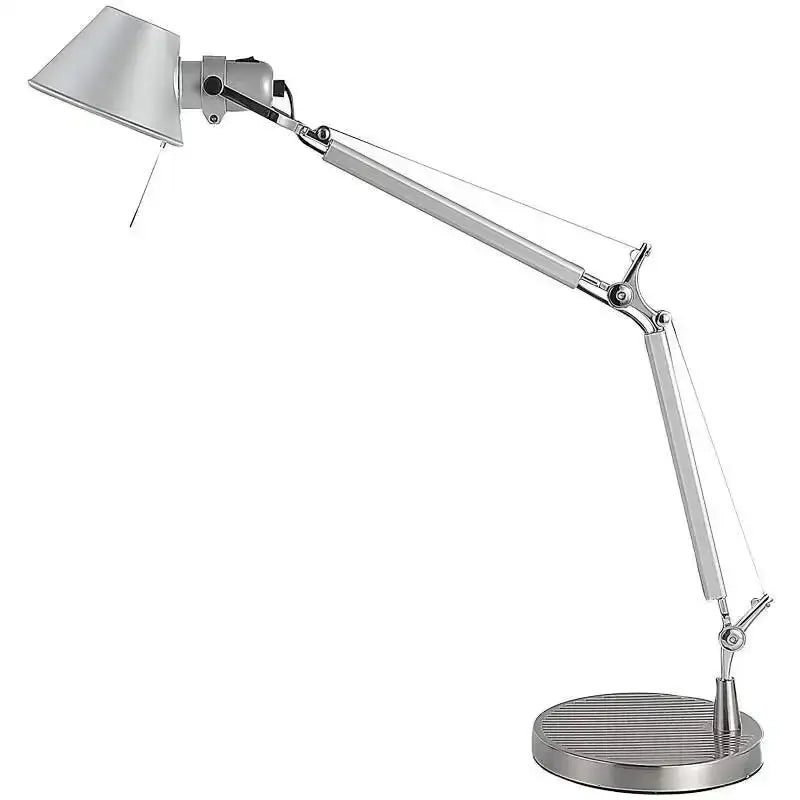 Modern silver double arm clip table lamp with adjustable silver metallic articulated arm and circular base for desk use