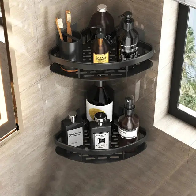 Modern silver black double tiered corner shower shelf with slotted design and matte finish by decorbites corner shower