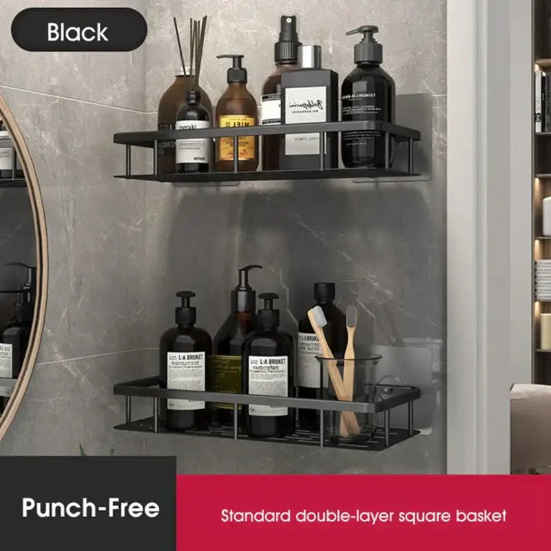 Black metal double-layer square basket corner shower shelf by decorbites for modern bathroom storage caddy