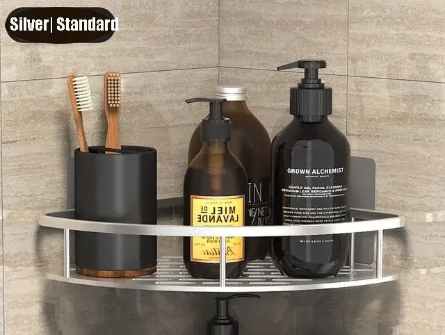 Modern silver double tiered corner shower shelf holding toothbrushes and toiletries for decorbites corner shower storage