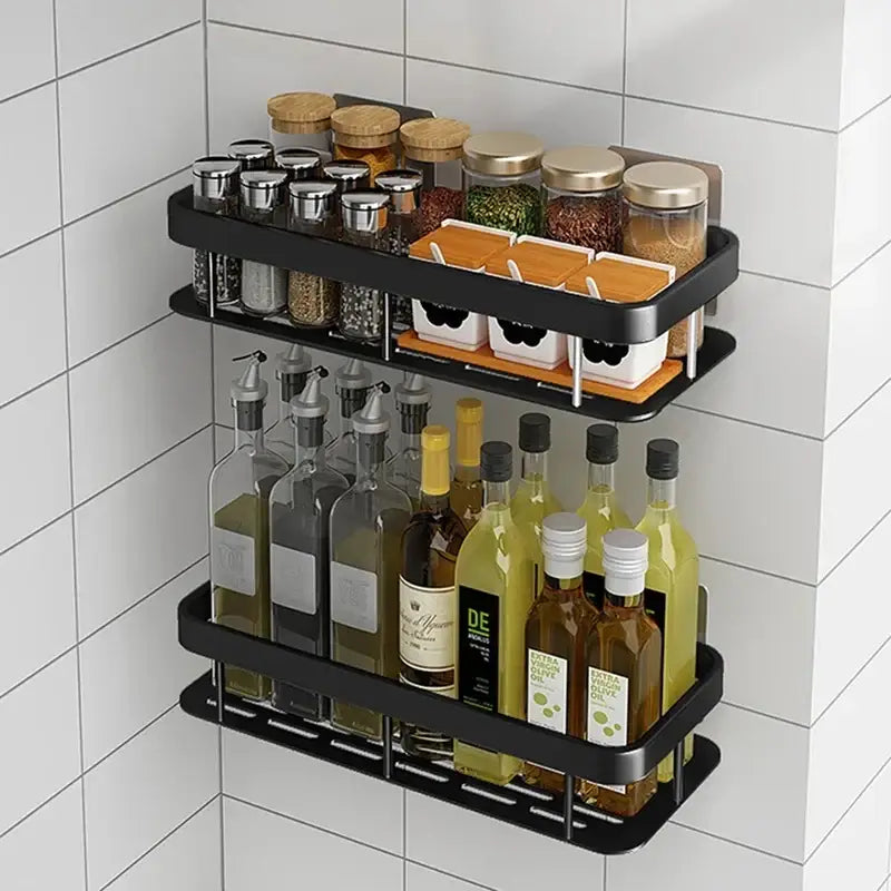 Black metal two-tier wall-mounted spice and bottle rack suitable as a decorbites corner shower shelf bathroom caddy