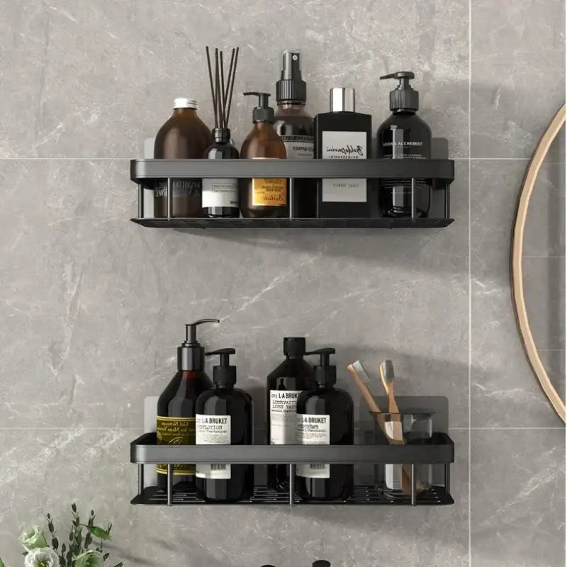 Black metal modern silver double tiered decorbites corner shower shelf for bathroom storage and organization