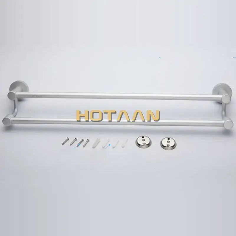 Modern silver double towel bar bathroom rack with sleek polished metal finish and matching mounting hardware
