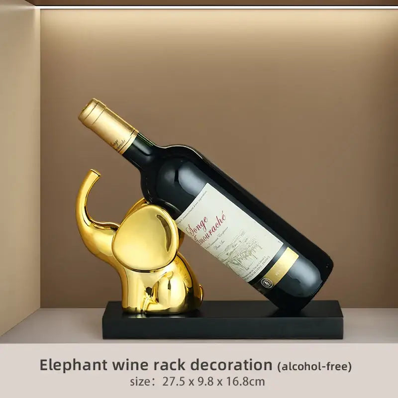 Modern gold elephant wine rack table ornament with sleek reflective finish for elegant dining room display