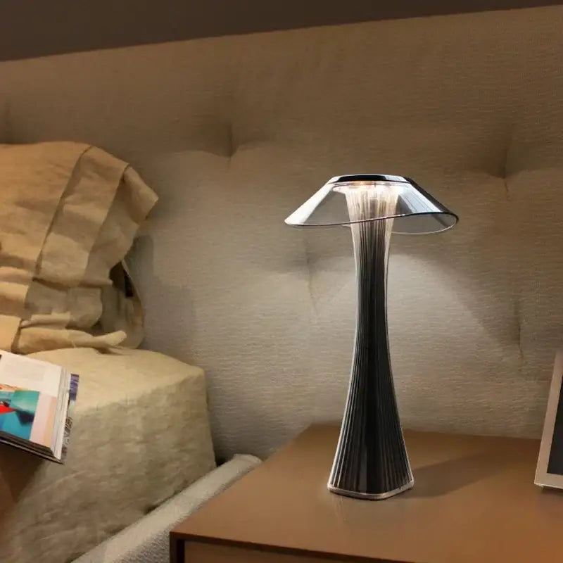 Modern silver fluted table lamp with crystal diamond touch and translucent dome shade for bedroom decorbites decor