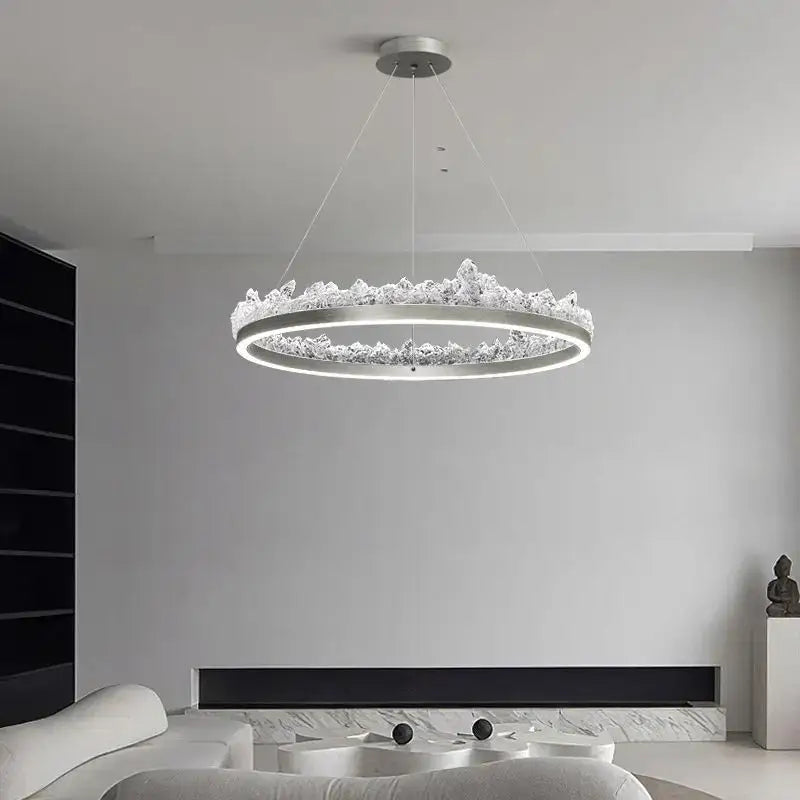Modern silver frosted glass pendant light with crystalline textured ring and illuminated inner rim for kitchen island decorbites iceberg open