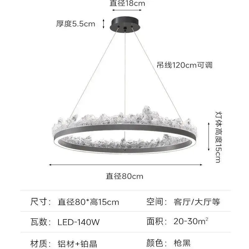 Modern black circular led pendant light with aluminum and crystal design featuring adjustable wires decorbites iceberg