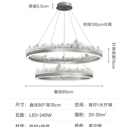 Modern silver pendant light with double-ring LED and crystal elements for kitchen island decorbites iceberg design