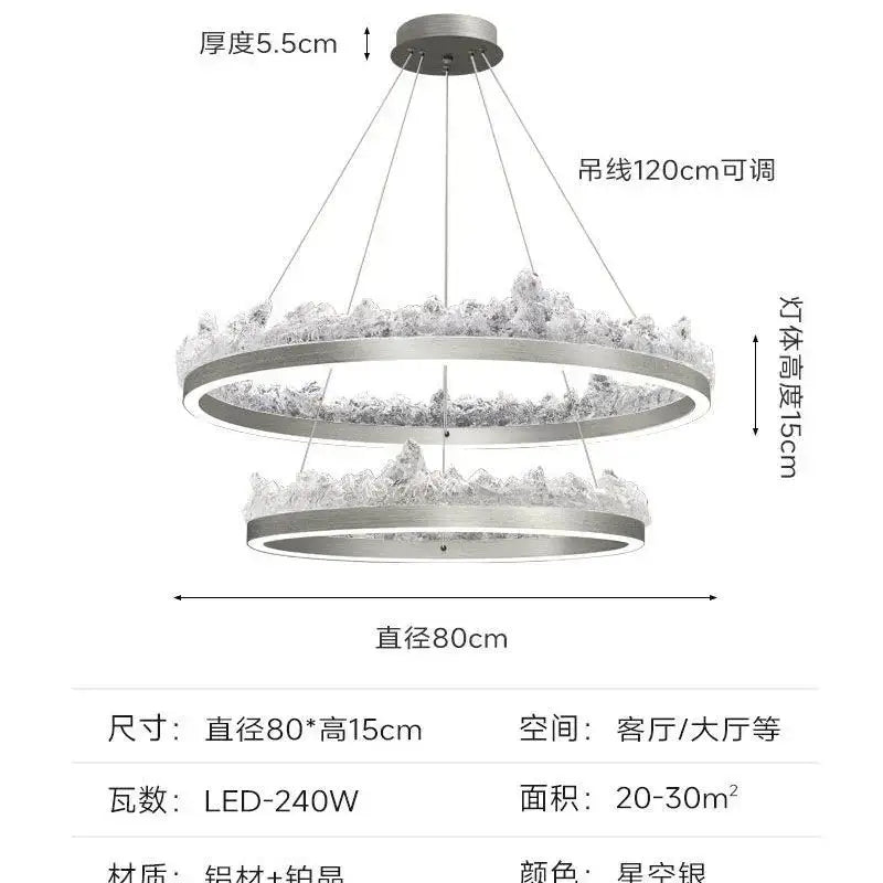 Modern silver pendant light with double-ring LED and crystal elements for kitchen island decorbites iceberg design