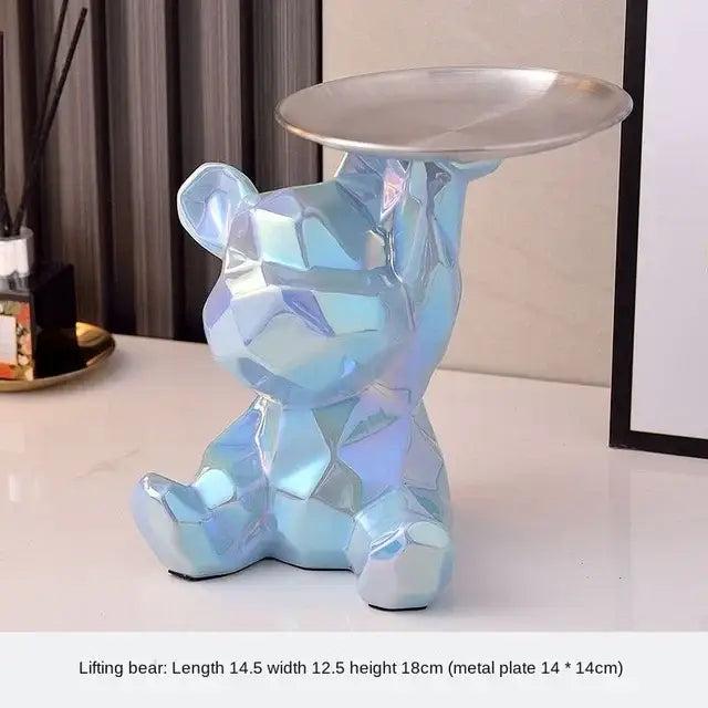 Modern silver geometric bear storage box in iridescent blue with metallic silver plate for living room decorbites geometric bear