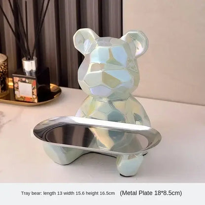 Modern silver geometric bear storage box with translucent iridescent faceted design on metallic tray base decorbites geometric bear