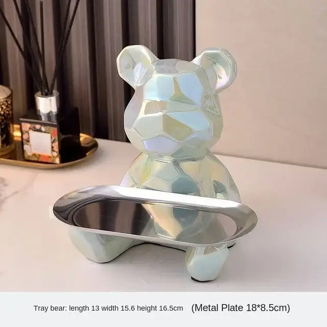 Modern silver geometric bear storage box with translucent iridescent faceted design on metallic tray base decorbites geometric bear