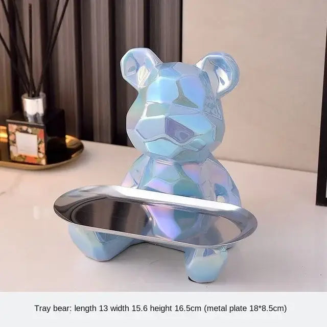 Iridescent blue geometric bear figurine holding a metallic tray modern silver geometric bear storage box decorbites decor