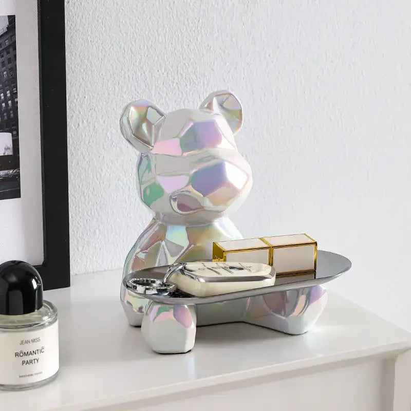 Modern silver geometric bear storage box with iridescent faceted surface for living room decorbites geometric bear decor