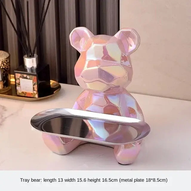 Iridescent pink geometric bear storage box with metallic silver tray base modern decorbites geometric bear statue