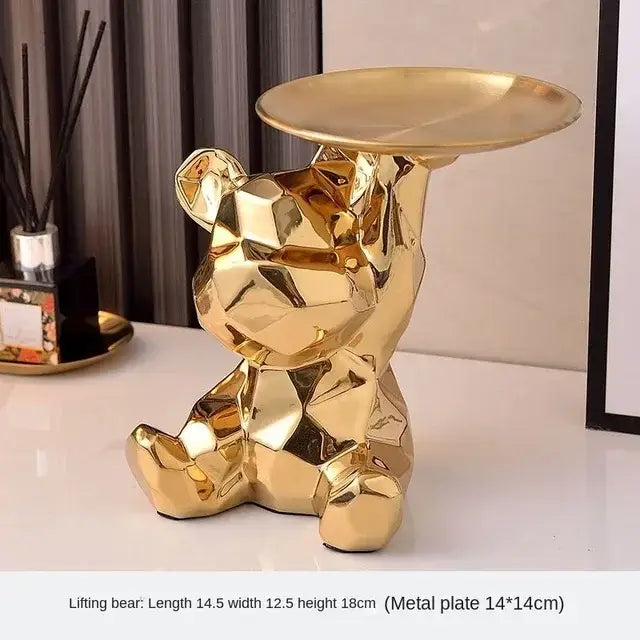 Modern silver geometric bear storage box featuring a golden faceted bear figurine with metallic finish decorbites geometric bear