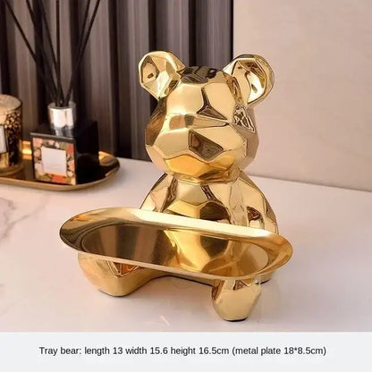 Modern silver geometric bear storage box with gold geometric bear tray featuring reflective metallic finish and serving plate decorbites geometric bear