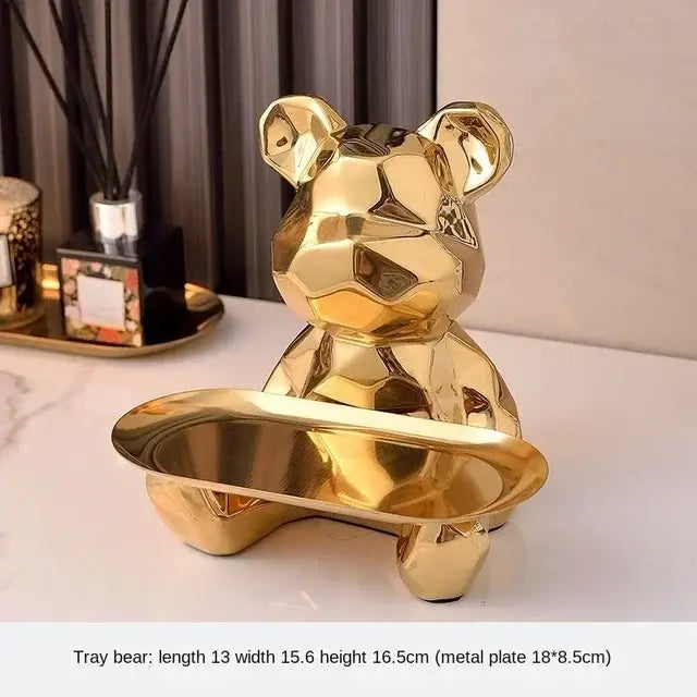 Modern silver geometric bear storage box with gold geometric bear tray featuring reflective metallic finish and serving plate decorbites geometric bear