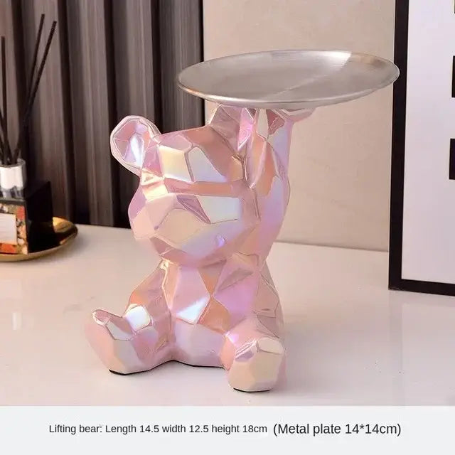Modern pink geometric bear storage box with metallic silver plate for decorbites geometric bear living room decor