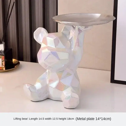 Modern silver geometric bear storage box with iridescent white finish and metallic plate for living room decorbites geometric bear