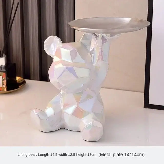 Modern silver geometric bear storage box with iridescent white finish and metallic plate for living room decorbites geometric bear