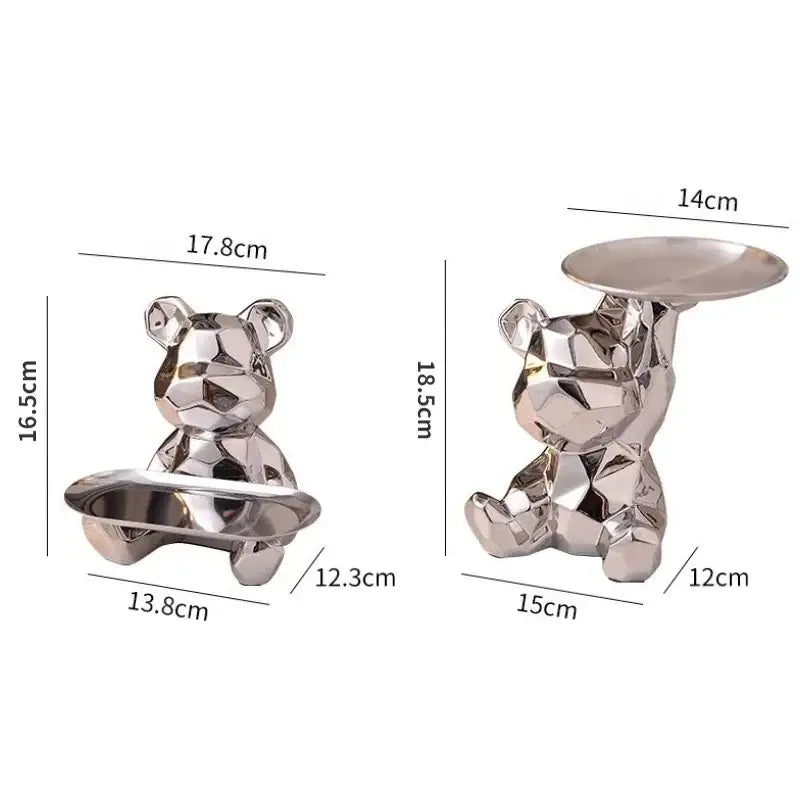 Modern silver geometric bear candle holders with flat circular tops and base trays for decorbites geometric bear storage box
