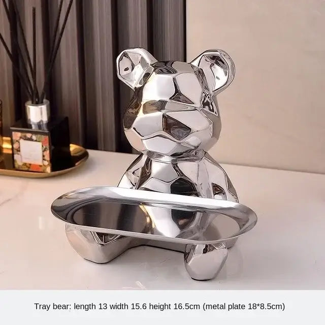 Modern silver geometric bear storage box with shiny metallic faceted design and integrated tray for living room decorbites geometric bear