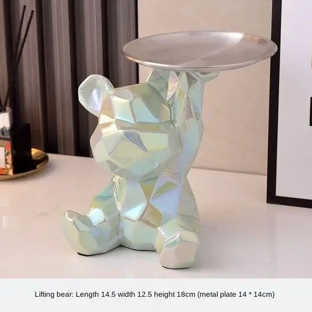 Iridescent geometric bear storage box with metallic silver tray on head modern decorbites geometric bear statue