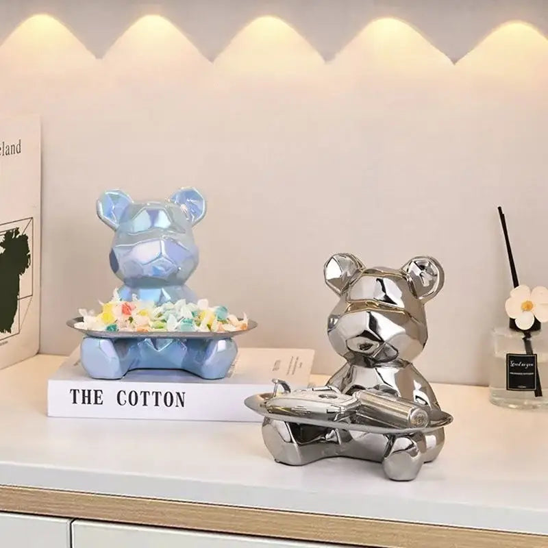 Modern silver and iridescent blue geometric bear storage boxes holding trays for stylish living room decorbites decor