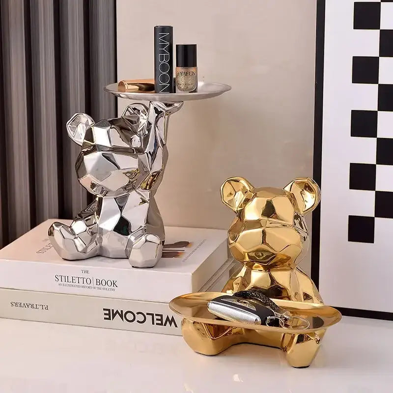 Modern silver geometric bear storage box and gold decorbites geometric bear tray with faceted metallic finish for living room decor