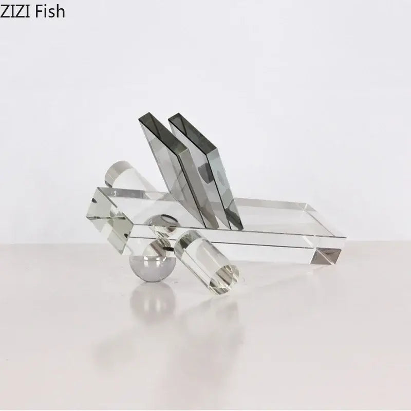 Modern silver geometric crystal ball desk ornament made of clear acrylic with mirrored silver accents for desk decor