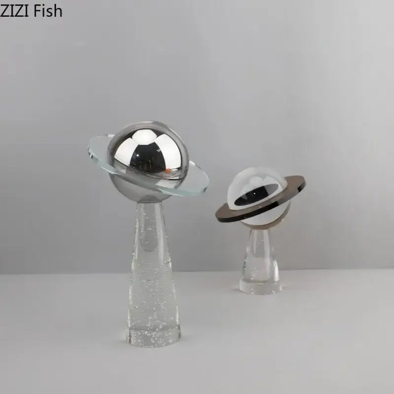 Modern silver geometric crystal star desk sculpture with clear glass planets and reflective metallic rings for decorbites decor
