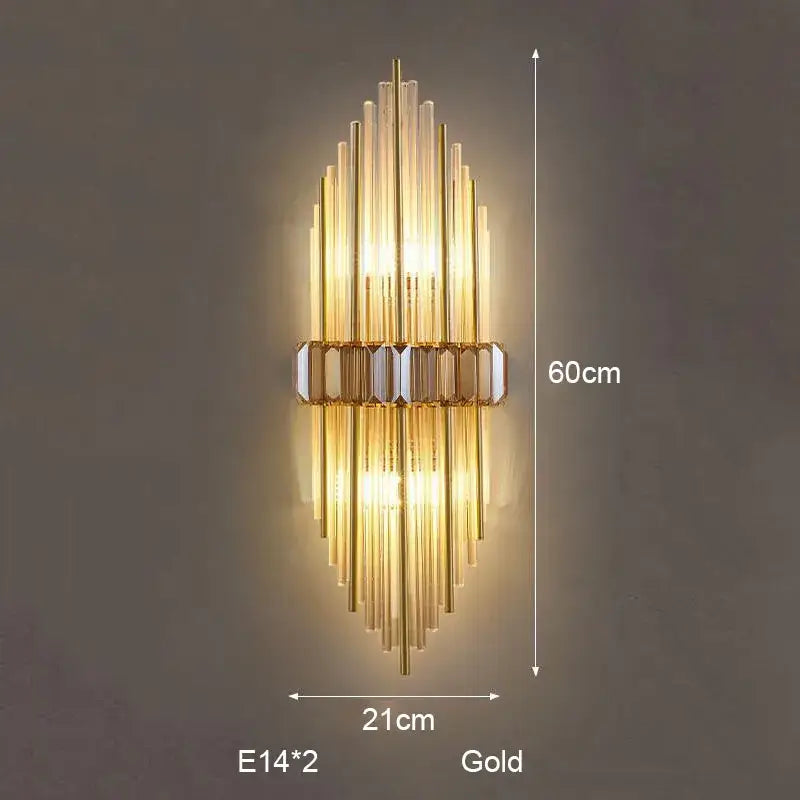 Gold-finished wall lamp with vertical glass rods and central mirrored bar decorbites crystal strip led bedroom sconce