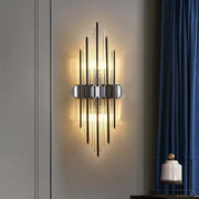 Modern silver geometric crystal strip led wall lamp with faceted base and vertical glass rods for bedroom decorbites crystal strip